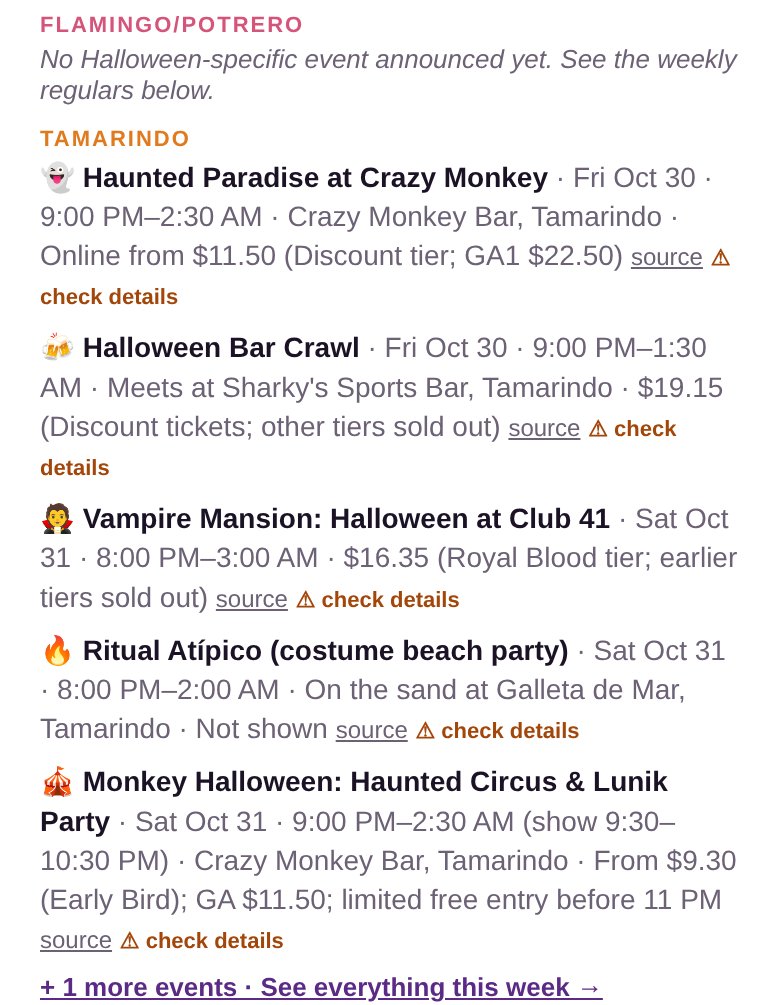 Phone screenshot of the town-by-town event list in the Halloween issue